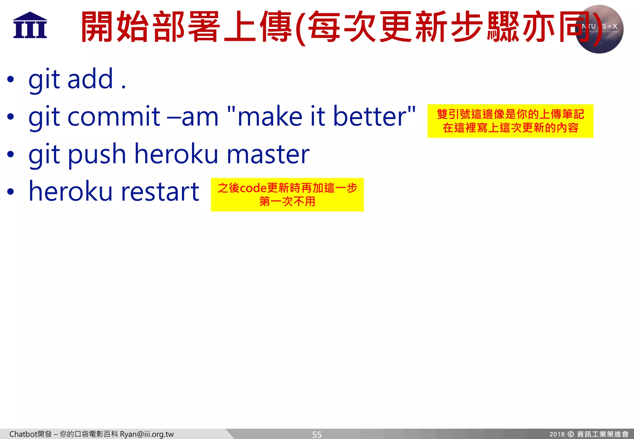 Chatbot開發 – 你的口袋電影百科 Ryan@iii.org.tw
開始部署上傳(每次更新步驟亦同)
• git add .
• git commit –am "make it better"
• git push heroku master
• heroku restart
雙引號這邊像是你的上傳筆記
在這裡寫上這次更新的內容
之後code更新時再加這一步
第一次不用
55
 