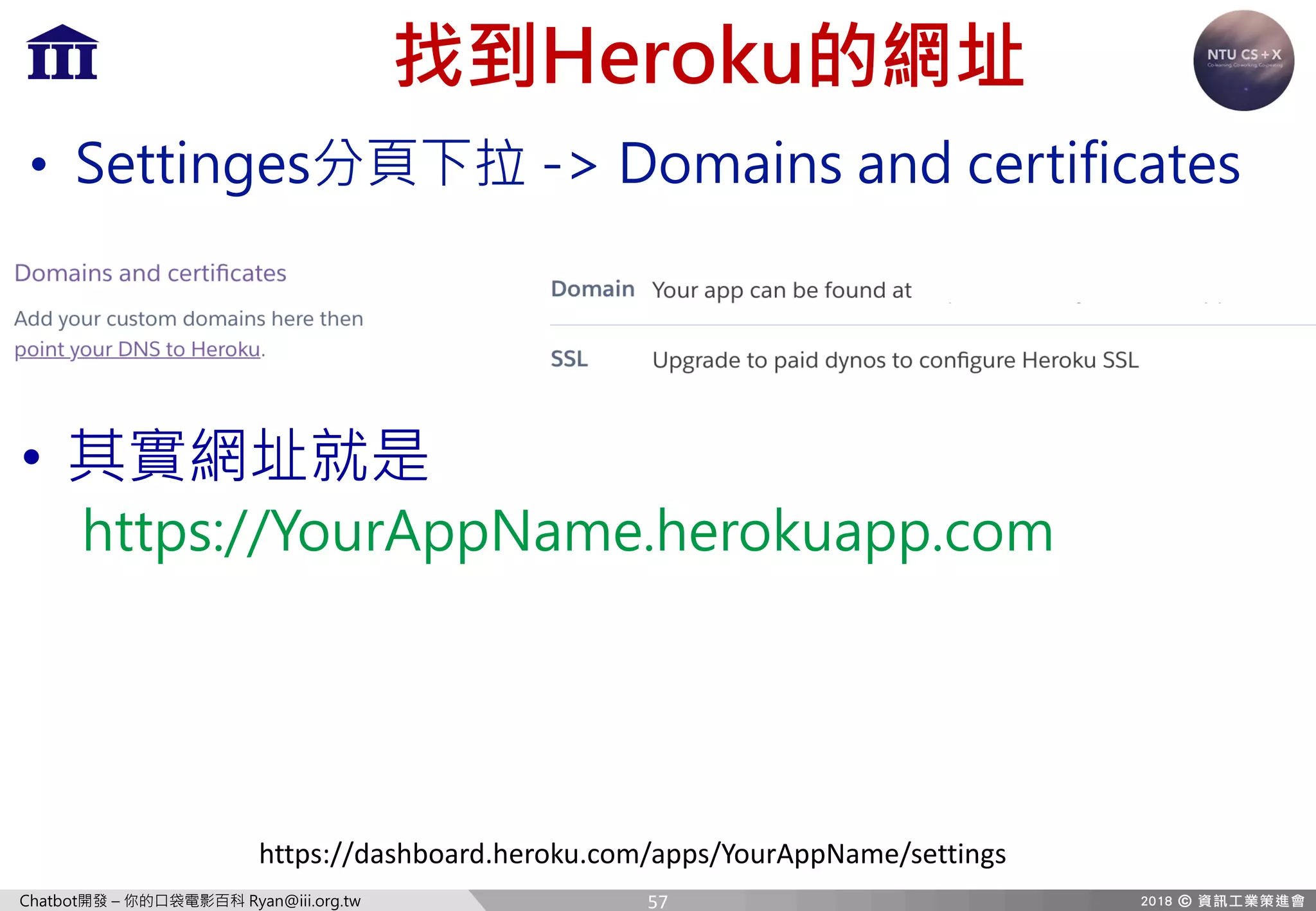 Chatbot開發 – 你的口袋電影百科 Ryan@iii.org.tw
找到Heroku的網址
• Settinges分頁下拉 -> Domains and certificates
https://dashboard.heroku.com/apps/YourAppName/settings
• 其實網址就是
https://YourAppName.herokuapp.com
57
 