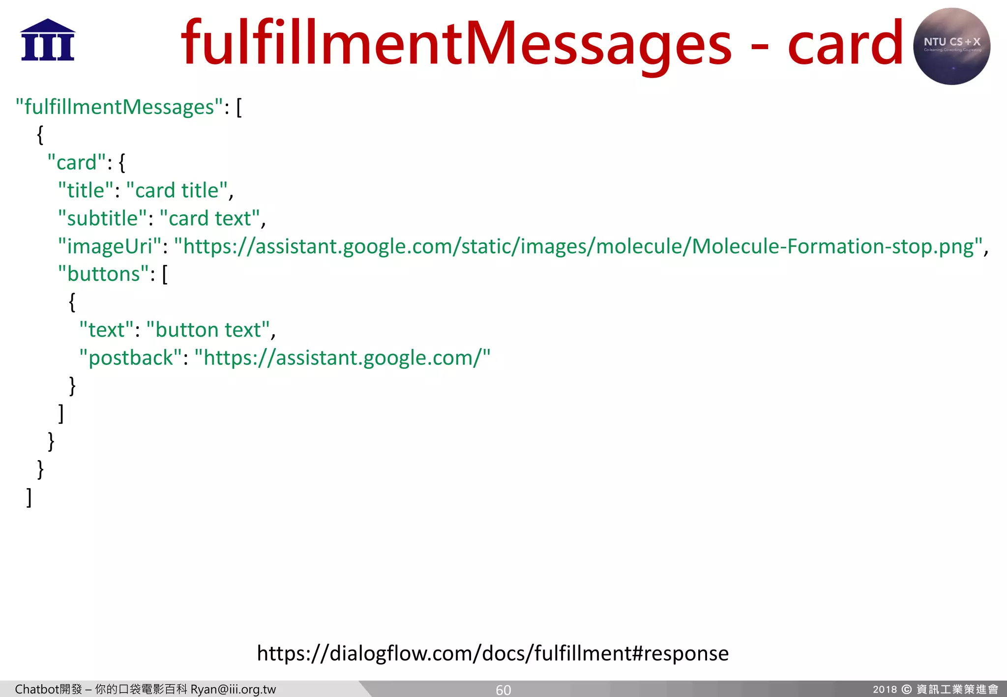 Chatbot開發 – 你的口袋電影百科 Ryan@iii.org.tw
fulfillmentMessages - card
https://dialogflow.com/docs/fulfillment#response
"fulfillmentMessages":	[
{
"card":	{
"title":	"card	title",
"subtitle":	"card	text",
"imageUri":	"https://assistant.google.com/static/images/molecule/Molecule-Formation-stop.png",
"buttons":	[
{
"text":	"button	text",
"postback":	"https://assistant.google.com/"
}
]
}
}
]
60
 