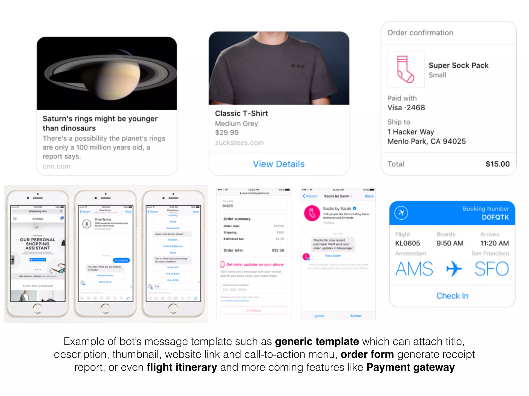 Example of bot’s message template such as generic template which can attach title,
description, thumbnail, website link and call-to-action menu, order form generate receipt
report, or even ﬂight itinerary and more coming features like Payment gateway
 