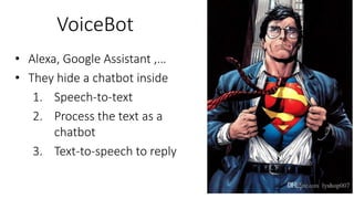 VoiceBot
• Alexa, Google Assistant ,…
• They hide a chatbot inside
1. Speech-to-text
2. Process the text as a
chatbot
3. Text-to-speech to reply
 