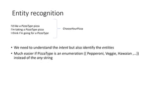 Entity recognition
• We need to understand the intent but also identify the entities
• Much easier if PizzaType is an enumeration ({ Pepperoni, Veggie, Hawaian ,…})
instead of the any string
ChooseYourPizza
I’d like a PizzaType pizza
I’m taking a PizzaType pizza
I think I’m going for a PizzaType
 
