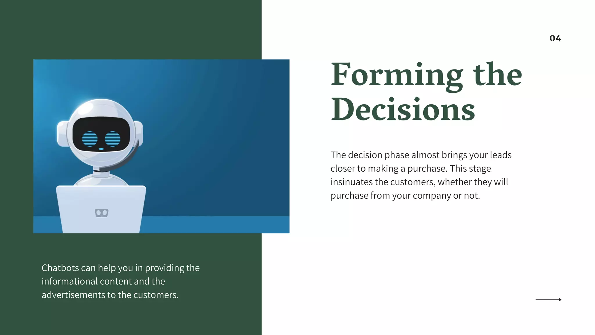 Forming the
Decisions
The decision phase almost brings your leads
closer to making a purchase. This stage
insinuates the customers, whether they will
purchase from your company or not.
Chatbots can help you in providing the
informational content and the
advertisements to the customers.
04
 