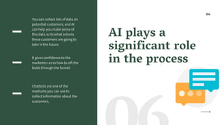 AI plays a
significant role
in the process
You can collect lots of data on
potential customers, and AI
can help you make sense of
this data as to what actions
these customers are going to
take in the future.
It gives confidence to the
marketers as to how to sift the
leads through the funnel.
Chatbots are one of the
mediums you can use to
collect information about the
customers,
06
 