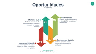 www.certsys.com.br
© 2017 All Rights Reserved.
11
OportunidadesCadê elas?
01
02
03 04 Conhecer seu Usuário
Conhecer e descobrir sobre
cada usuário, com informação
detalhadas
Guiar Vendas
Chatbots vendendo e atendendo
o cliente 24/7 de forma única e
personalizada
Melhorar o UX
Melhorar a experiência de
qualquer usuário é uma busca
incessante em qualquer
plataforma
Aumentar Retenção
Aumentar o tempo em que um
usuário fica logado e utilizando o
seu aplicativo
 