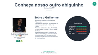 www.certsys.com.br
© 2017 All Rights Reserved.
3
Guilherme Magalhaes
Agile Coach & Software
Architect
Arquitetura
Agilidade
Watson
AI
Big Data
Guilherme
Sobre o Guilherme
Arquiteto de software, Coach Agile e
Palestrante.
Trabalha com tecnologia da informação há
oito anos e atualmente trabalha na
Certsys.
Possui as certificações OCAJP, OCWSD,
OCJPJ, Groovy Certified e Scrum Master
Certified.
Seus interesses incluem arquitetura de
software, metodologias ágeis e conteúdo
como Learning 3.0 e Management 3.0.
Tecnólogo em Análise e Desenvolvimento
de Sistemas (Fiap)
Conheça nosso outro abiguinhoEl grandioso???
 