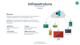 www.certsys.com.br
© 2017 All Rights Reserved.
30
InfraestruturaPreciso de quanto?
Monitoramento
Opções de monitoramento para
toda a infraestrutura
Analytics
Ferramentas de Analise
Apps
Opções de plataformas para
desenvolvimento
Watson
Todos os componentes do
Watson
Bluemix
Permite que as organizações e os desenvolvedores criem, implementem
e gerenciem aplicativos na nuvem de maneira fácil e rápida.
O Bluemix é uma implementação da Arquitetura de Nuvem Aberta da
IBM baseada em Cloud Foundry, uma plataforma como serviço (PaaS) de
código aberto.
 