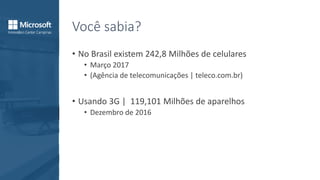 Você sabia?
• No Brasil existem 242,8 Milhões de celulares
• Março 2017
• (Agência de telecomunicações | teleco.com.br)
• Usando 3G | 119,101 Milhões de aparelhos
• Dezembro de 2016
 