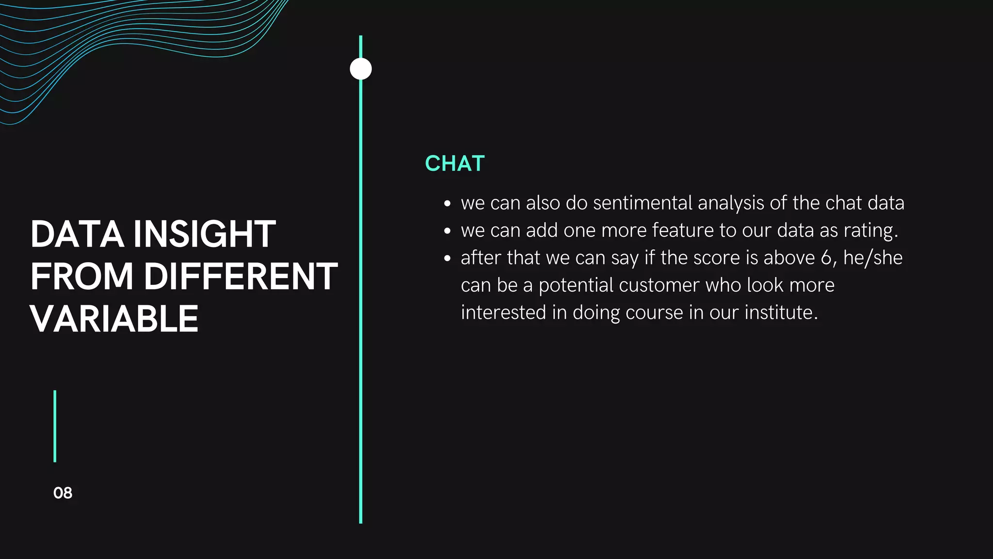 DATA INSIGHT
FROM DIFFERENT
VARIABLE
CHAT
we can also do sentimental analysis of the chat data
we can add one more feature to our data as rating.
after that we can say if the score is above 6, he/she
can be a potential customer who look more
interested in doing course in our institute.
08
 