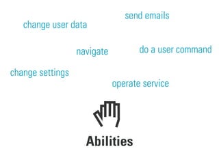 Abilities
change user data
change settings
send emails
do a user command
operate service
navigate
 