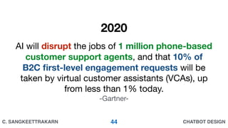 CHATBOT DESIGNC. SANGKEETTRAKARN
AI will disrupt the jobs of 1 million phone-based
customer support agents, and that 10% of
B2C ﬁrst-level engagement requests will be
taken by virtual customer assistants (VCAs), up
from less than 1% today. 

-Gartner-
2020
44
 