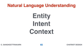 CHATBOT DESIGNC. SANGKEETTRAKARN
Natural Language Understanding
65
Entity
Intent
Context
 