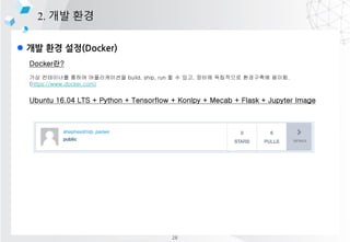 l ?? ?? ??(Docker)
2. ?? ??
Docker??
?? ????? ??? ??????? build, ship, run ? ? ??, ??? ????? ????? ???.
(https://www.docker.com)
Ubuntu 16.04 LTS + Python + Tensorflow + Konlpy + Mecab + Flask + Jupyter Image
28
 