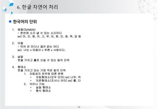l ???? ??
6. ?? ??? ??
1. ??(Syllable)
- ??? ?? ? ? ?? ????
ex) ?, ?, ?, ?, ?, ?, ?, ?, ?, ?, ?, ? ?
2. ??
- ?? ? ??? ?? ?? ??
ex) ?? v ??? v ?? v ????.
3. ??
?? ??? ?? ?? ? ?? ?? ??
4. ???
?? ??? ?? ?? ?? ?? ??
1. ???? ??? ?? ??
? ?????(?? ??) ex) ??, ?
? ?????(??? ??) ex) ?, ?
2. ??? ??
? ?? ???
? ?? ???
56
 