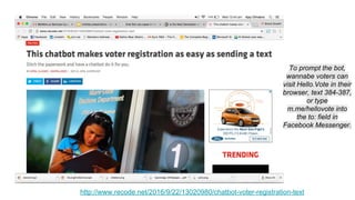 To prompt the bot,
wannabe voters can
visit Hello.Vote in their
browser, text 384-387,
or type
m.me/hellovote into
the to: field in
Facebook Messenger.
http://www.recode.net/2016/9/22/13020980/chatbot-voter-registration-text
 