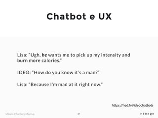 Milano Chatbots Meetup
Chatbot e UX
Lisa: “Ugh, he wants me to pick up my intensity and
burn more calories.”
IDEO: “How do...