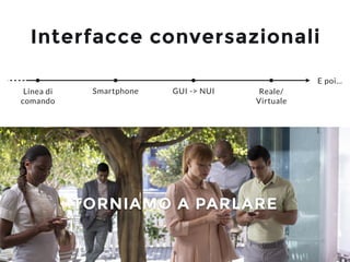 Milano Chatbots Meetup 9
Interfacce conversazionali
E poi…
GUI -> NUI Reale/
Virtuale
SmartphoneLinea di
comando
TORNIAMO ...