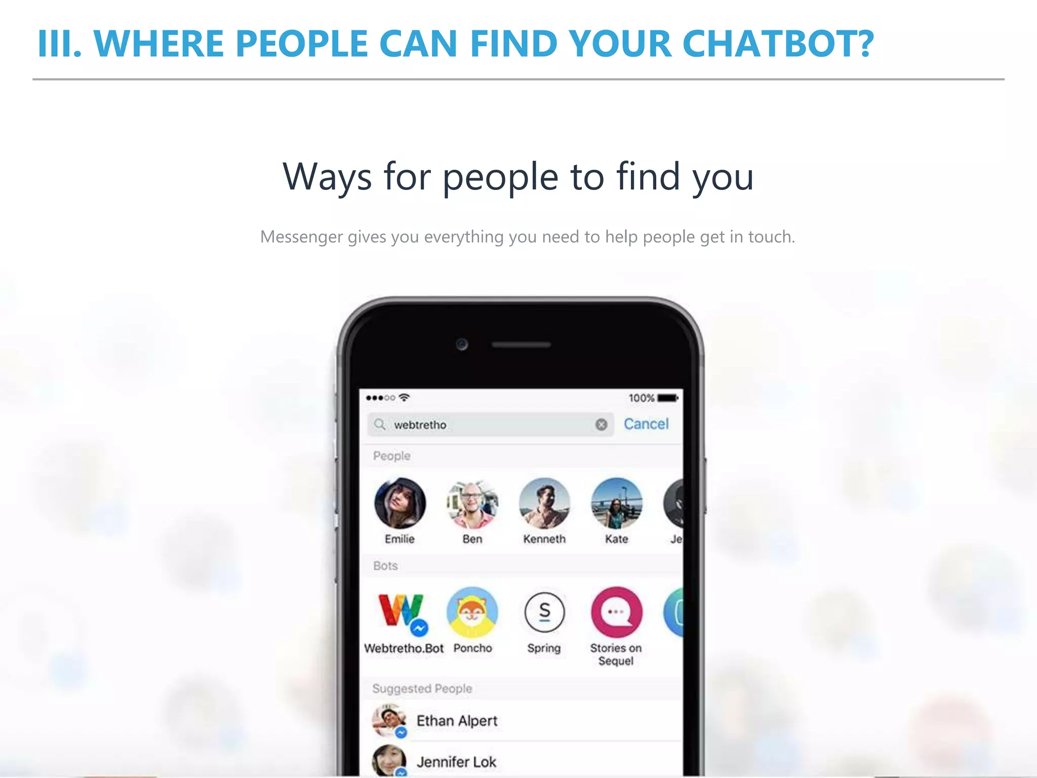 III. WHERE PEOPLE CAN FIND YOUR CHATBOT?
Messenger gives you everything you need to help people get in touch.
Ways for people to find you
 