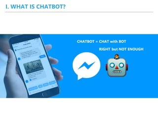 I. WHAT IS CHATBOT?
CHATBOT = CHAT with BOT
RIGHT but NOT ENOUGH
 