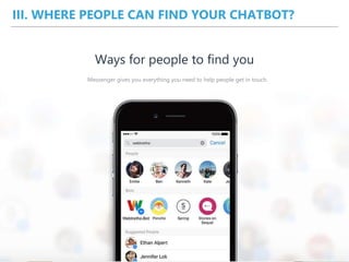 III. WHERE PEOPLE CAN FIND YOUR CHATBOT?
Messenger gives you everything you need to help people get in touch.
Ways for people to find you
 