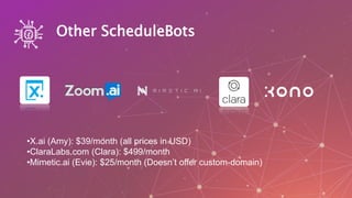 Other ScheduleBots
•X.ai (Amy): $39/month (all prices in USD)
•ClaraLabs.com (Clara): $499/month
•Mimetic.ai (Evie): $25/month (Doesn’t offer custom-domain)
 