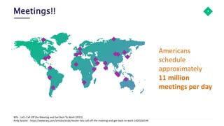 Meetings!! 4
WSJ - Let's Call Off the Meeting and Get Back To Work (2015)
Andy Kessler - https://www.wsj.com/articles/andy-kessler-lets-call-off-the-meeting-and-get-back-to-work-1420156148
Americans
schedule
approximately
11 million
meetings per day
 