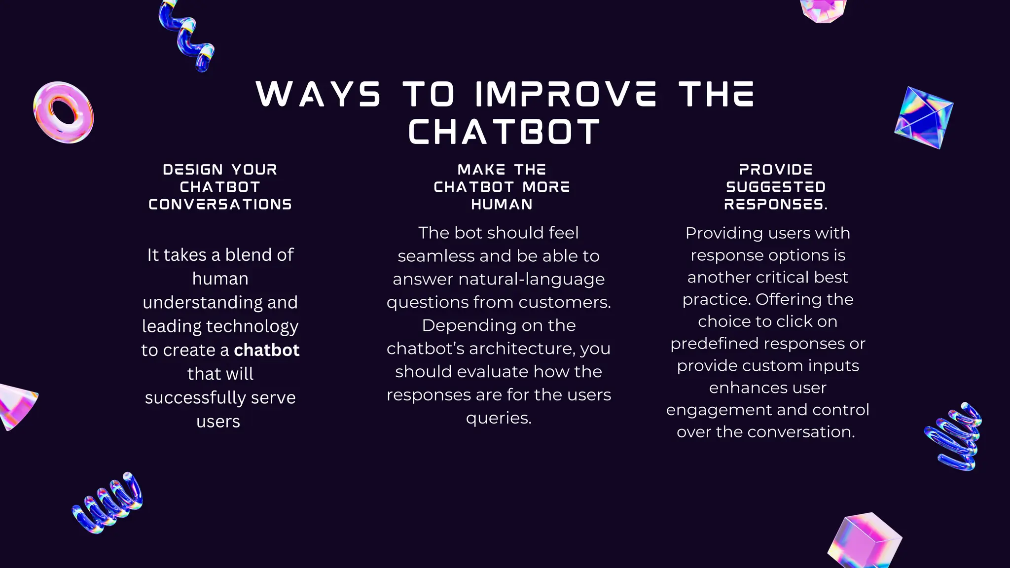 Design your
chatbot
conversations
Provide
suggested
responses.
Make the
CHATbot more
human
Providing users with
response options is
another critical best
practice. Offering the
choice to click on
predefined responses or
provide custom inputs
enhances user
engagement and control
over the conversation.
The bot should feel
seamless and be able to
answer natural-language
questions from customers.
Depending on the
chatbot’s architecture, you
should evaluate how the
responses are for the users
queries.
WAYS TO IMPROVE THE
CHATBOT
It takes a blend of
human
understanding and
leading technology
to create a chatbot
that will
successfully serve
users
 