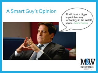 A Smart Guy’s Opinion AI will have a bigger
impact than any
technology in the last 30
years – Mark Cuban
 