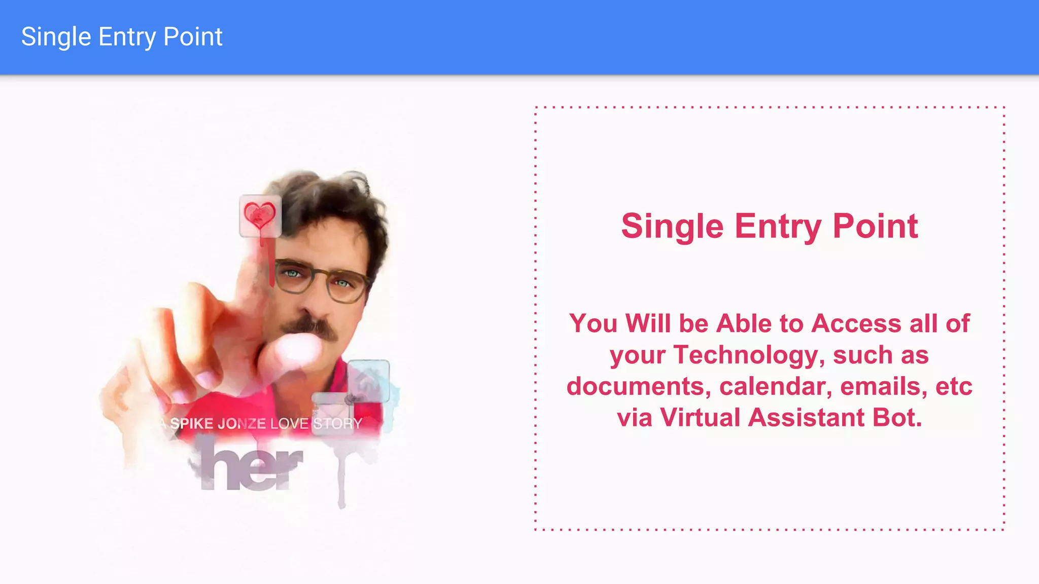 Single Entry Point
Single Entry Point
You Will be Able to Access all of
your Technology, such as
documents, calendar, emails, etc
via Virtual Assistant Bot.
 