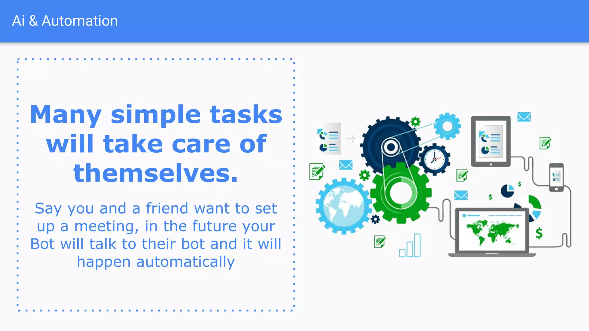 Ai & Automation
Many simple tasks
will take care of
themselves.
Say you and a friend want to set
up a meeting, in the future your
Bot will talk to their bot and it will
happen automatically
 
