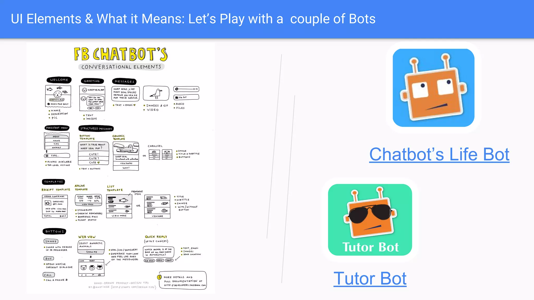 UI Elements & What it Means: Let’s Play with a couple of Bots
Chatbot’s Life Bot
Tutor Bot
 