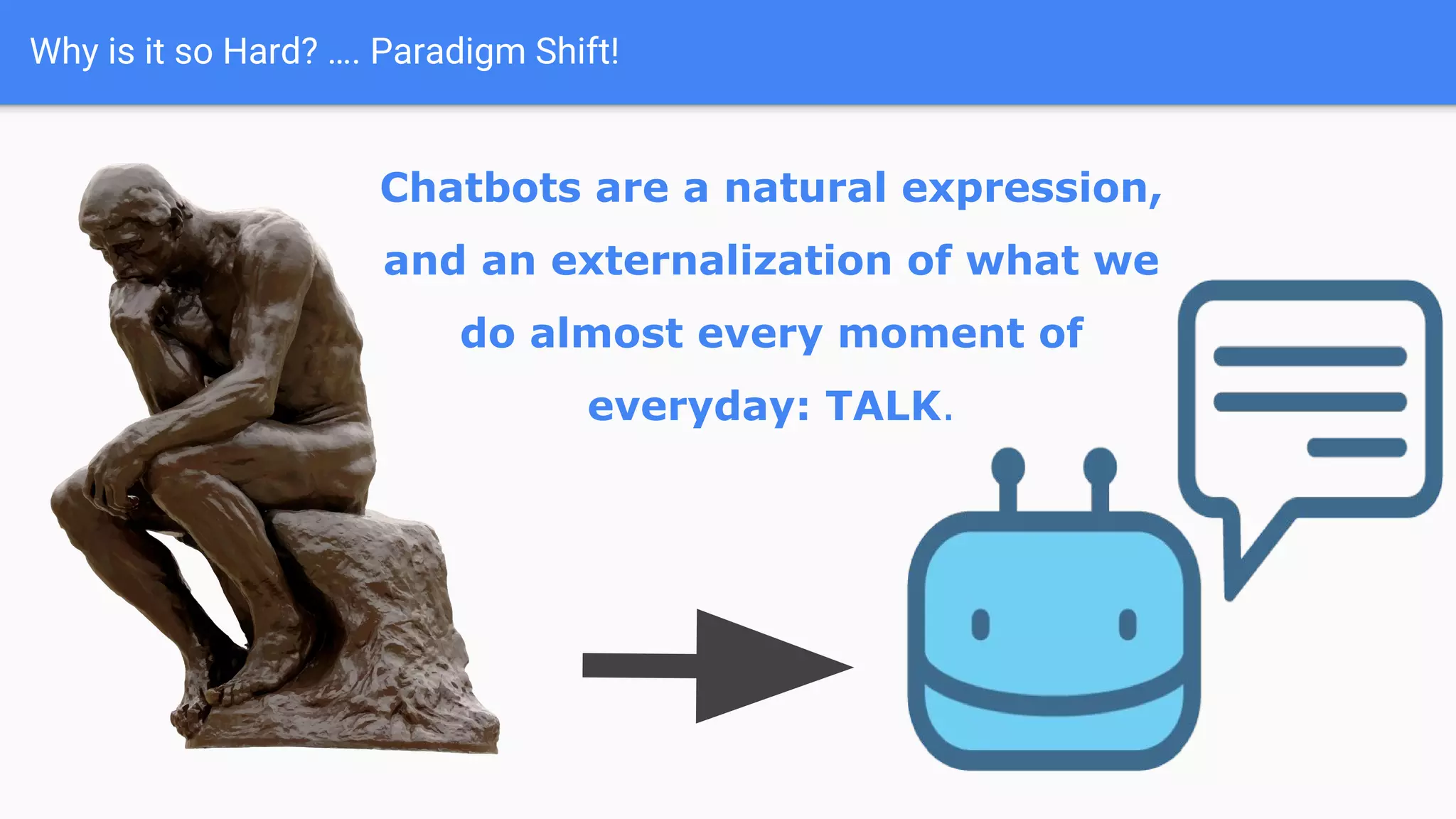 Why is it so Hard? …. Paradigm Shift!
Chatbots are a natural expression,
and an externalization of what we
do almost every moment of
everyday: TALK.
 