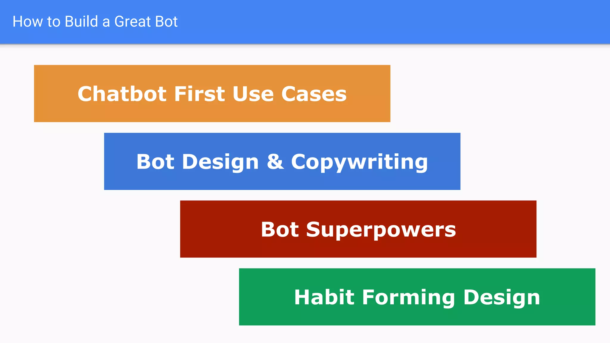 How to Build a Great Bot
Chatbot First Use Cases
Bot Design & Copywriting
Bot Superpowers
Habit Forming Design
 