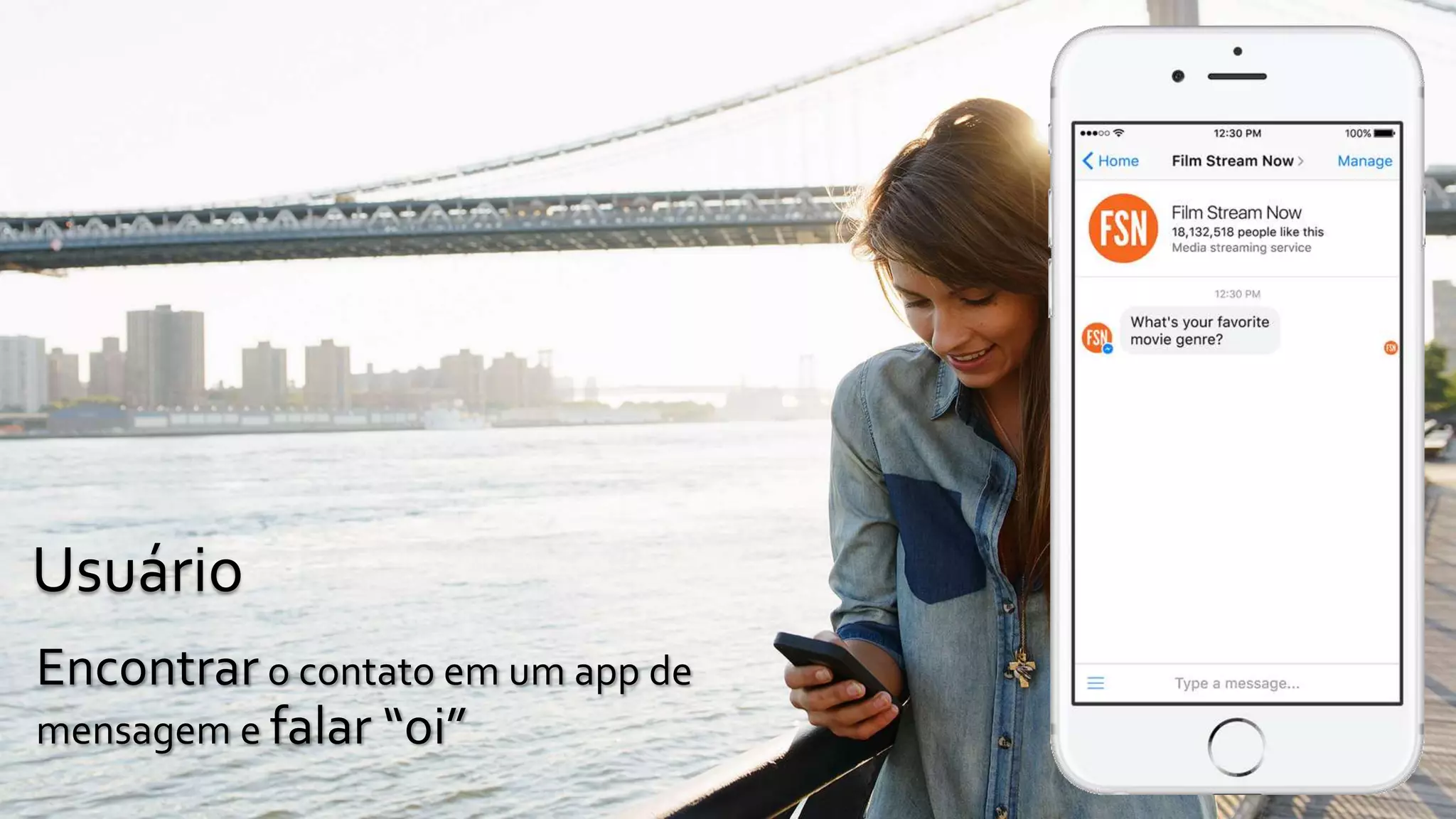 Encontrar o contato em um app de
mensagem e falar “oi”
Usuário
 