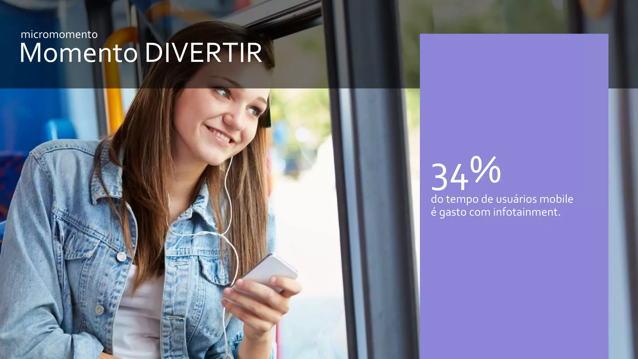 Micromomentos
• Momento divertir
Momento DIVERTIR
micromomento
34%
do tempo de usuários mobile
é gasto com infotainment.
 