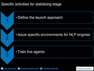 +38 096 448 80 46igor.luzhansky igor@chatbots.studio
Specific activities for stabilizing stage
1
• Define the launch approach
2
• Issue specific environments for NLP engines
3
• Train live agents
 