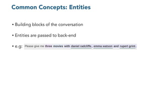 Common Concepts: Entities
• Building blocks of the conversation
• Entities are passed to back-end
• e.g:
 