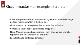 Graph-master – an example interpreter
• AIML interpreter: tries to match word by word to obtain the largest
pattern matching which is the best one.
• Graph-master: an interpreter that models this behavior
• Contains a set of nodes called Node-mappers .
• Node-Mappers : map branches from each node where branches
represent the first words of all patterns.
• Each leaf node contains a template.
 