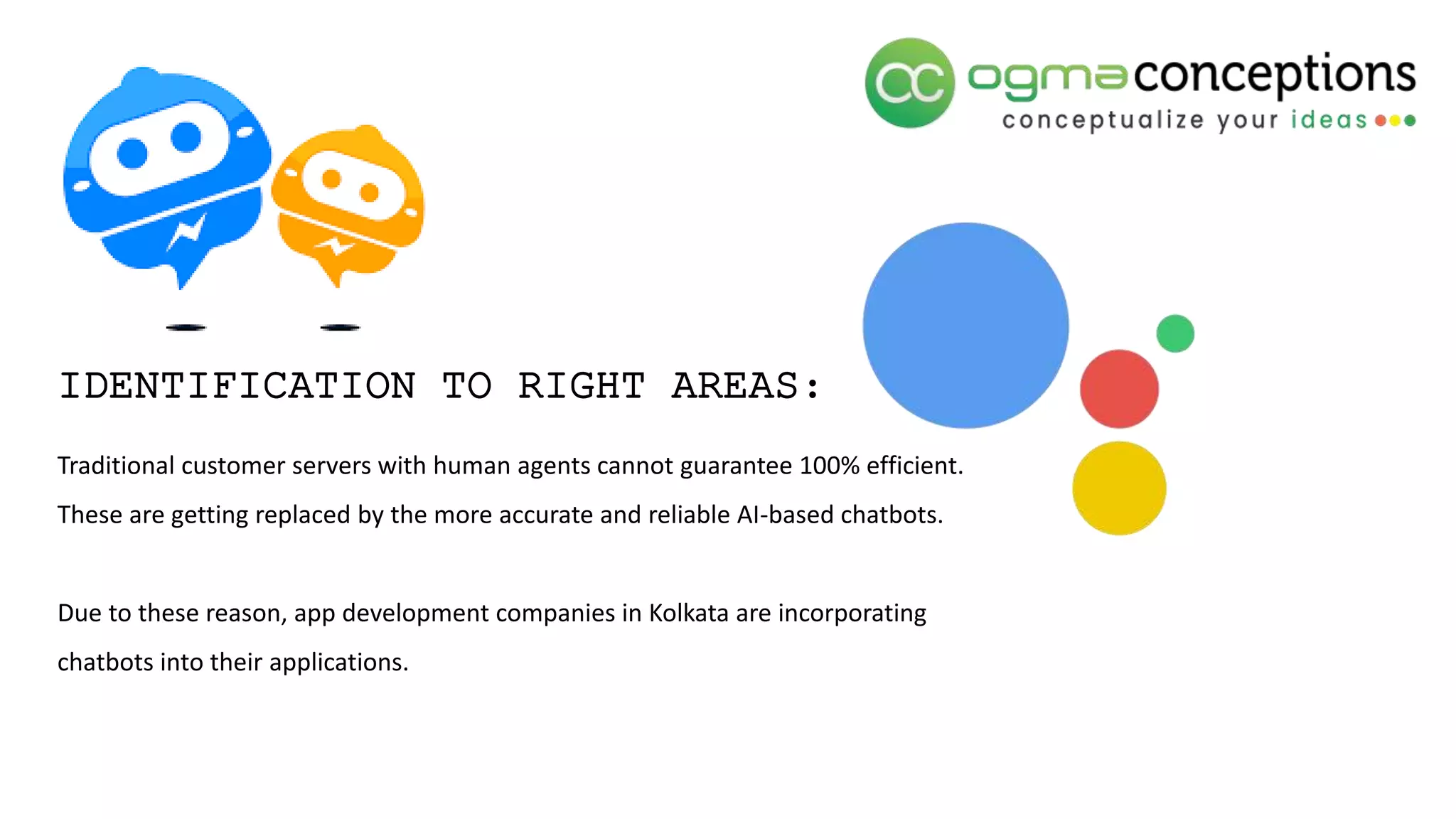 Traditional customer servers with human agents cannot guarantee 100% efficient.
These are getting replaced by the more accurate and reliable AI-based chatbots.
Due to these reason, app development companies in Kolkata are incorporating
chatbots into their applications.
IDENTIFICATION TO RIGHT AREAS:
 