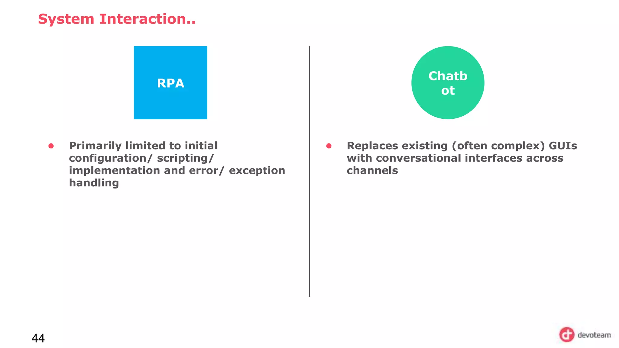 44
System Interaction..
RPA
● Primarily limited to initial
configuration/ scripting/
implementation and error/ exception
handling
Chatb
ot
● Replaces existing (often complex) GUIs
with conversational interfaces across
channels
 