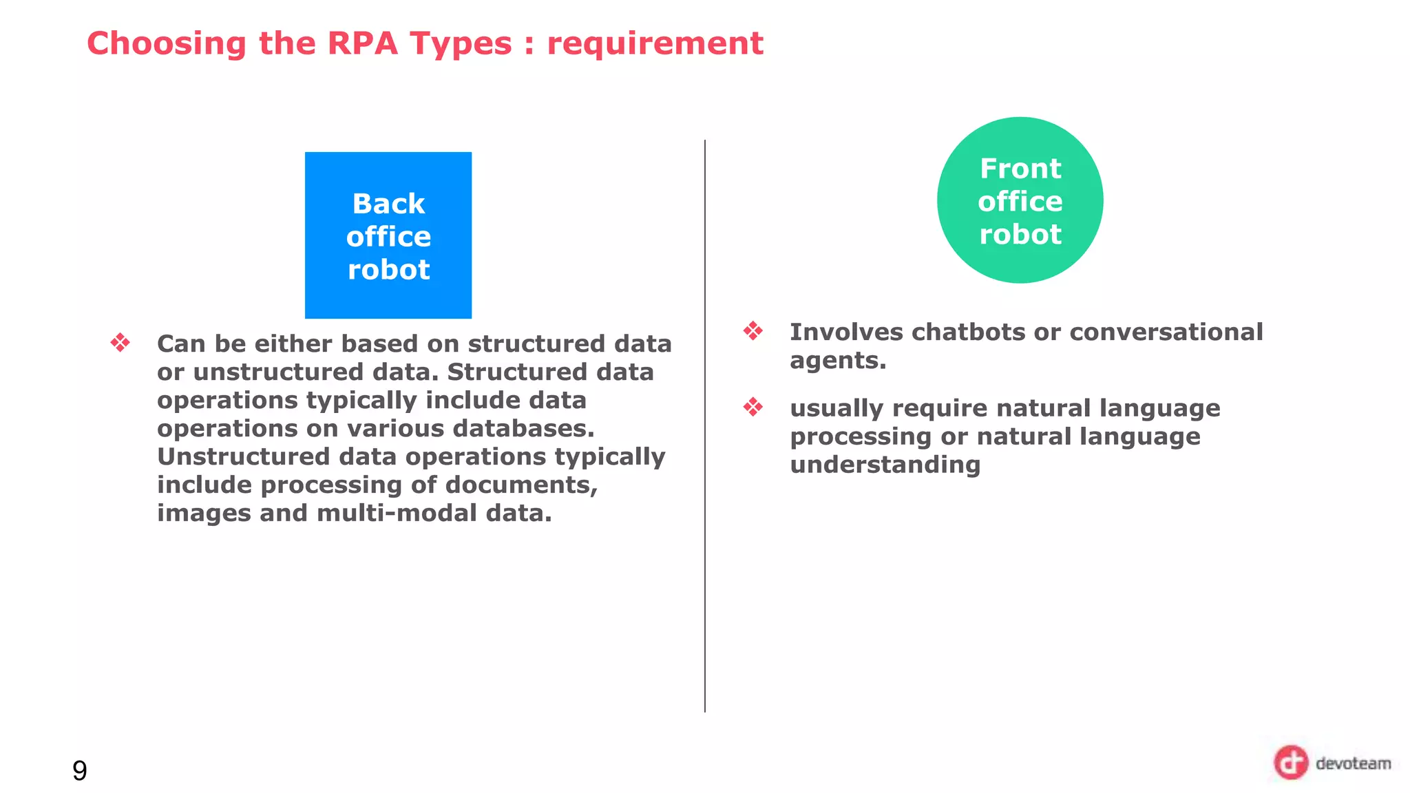 Choosing the RPA Types : requirement
9
Back
office
robot
❖ Can be either based on structured data
or unstructured data. Structured data
operations typically include data
operations on various databases.
Unstructured data operations typically
include processing of documents,
images and multi-modal data.
Front
office
robot
❖ Involves chatbots or conversational
agents.
❖ usually require natural language
processing or natural language
understanding
 