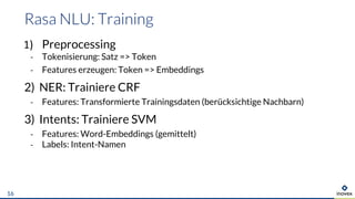 1) Preprocessing
- Tokenisierung: Satz => Token
- Features erzeugen: Token => Embeddings
2) NER: Trainiere CRF
- Features: Transformierte Trainingsdaten (berücksichtige Nachbarn)
3) Intents: Trainiere SVM
- Features: Word-Embeddings (gemittelt)
- Labels: Intent-Namen
16
 