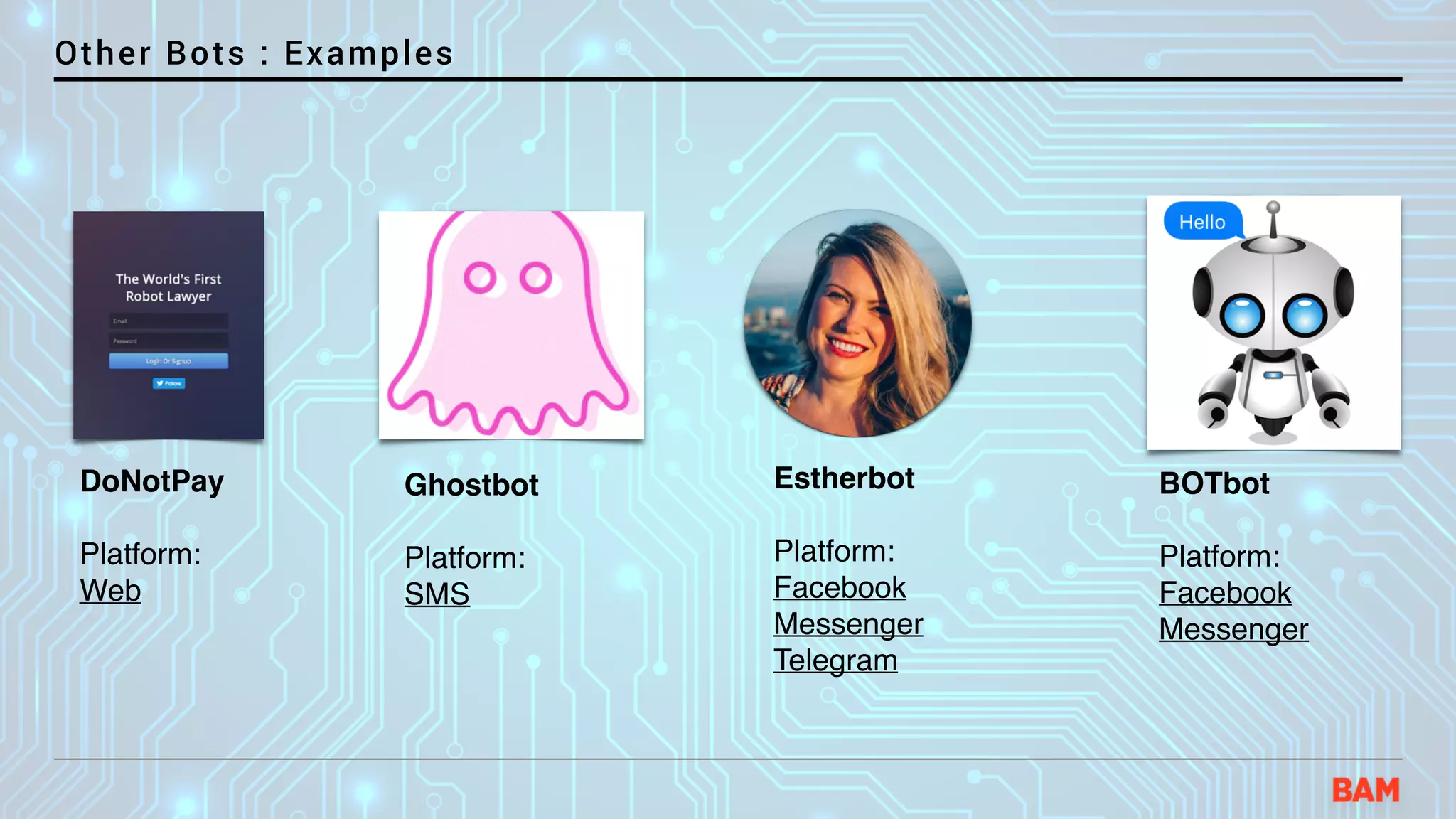 Other Bots : Examples
DoNotPay
Platform:
Web
Ghostbot
Platform:
SMS
Estherbot
Platform:
Facebook
Messenger
Telegram
BOTbot
Platform:
Facebook
Messenger
 
