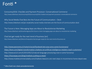 Convcomp2016: Chat,Bot and Payment Processor: ConversaGonal Commerce
hUp://www.slideshare.net/convcomp2016/convcomp2016-chatbot-and-payment-processor-conversaGonal-commerce
Why Social Media Chat Bots Are the Future of CommunicaGon – Deck
hUp://www.slideshare.net/jan.rezab/why-social-media-chat-bots-are-the-future-of-communicaGon-deck
The Future is Here: Messaging Apps are About to RevoluGonize MarkeGng
hUp://www.slideshare.net/brianthonigman/the-future-is-here-messaging-apps-are-about-to-revoluGonize-markeGng
Chat bot get ready for the next trend of business [en]
hUp://www.slideshare.net/SikharinCholpraGn/chat-bot-get-ready-for-the-next-trend-of-business-en
hUp://www.panorama.it/mytech/social/facebook-bot-cosa-sono-come-funzionano/
hUps://kore.com/digital-transformaGon-chatbots-iot-arGﬁcial-intelligence-retailers-reach-customers/
hUp://www.w1s3.com/it/2015/05/12/natural-language-processing-cose-e-come-funziona/
hUps://futurepay.com/blog/chatbots-puqng-ai-retail/
hUp://www.mobilecommercedaily.com/chatbots-beacons-are-next-steps-in-mcommerce-home-depot-exec

FonN	*	
*	Altre	fonN	non	citate	precedentemente	
 