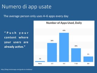 Numero di app usate
The	average	person	only	uses	4–6	apps	every	day	
hWp://blog.invisionapp.com/guide-to-chatbots/	
“ P u ...