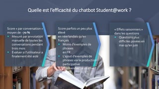 Quelle est l’efficacité du chatbot Student@work ?
Score « par conversation »
moyen de ~70 %
 Mesuré par annotation
manuelle de toutes les
conversations pendant
trois mois
 Évaluer si l'utilisateur a
finalement été aidé
Score parfois un peu plus
élevé
en néerlandais qu’en
français
 Moins d’exemples de
phrases
en FR
 L’ajout d’exemples de
phrases via la production
participative
(Clickworker) a un effet
positif
« Effets saisonniers »
dans les questions
 Questions plus
difficiles posées en
mai qu’en juin
18
 