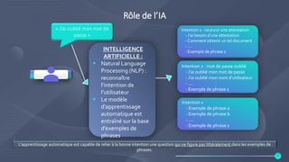 Rôle de l’IA
Intention 1 : recevoir une attestation
- J’ai besoin d’une attestation
- Comment obtenir un tel document
- ....
- Exemple de phrase z
Intention 2 : mot de passe oublié
- J’ai oublié mon mot de passe
- J’ai oublié mon nom d’utilisateur
- ....
- Exemple de phrase z
Intention x
- Exemple de phrase a
- Exemple de phrase b
- ....
- Exemple de phrase z
...
« J’ai oublié mon mot de
passe »
INTELLIGENCE
ARTIFICIELLE :
 Natural Language
Processing (NLP) :
reconnaître
l’intention de
l’utilisateur
 Le modèle
d’apprentissage
automatique est
entraîné sur la base
d’exemples de
phrases
L’apprentissage automatique est capable de relier à la bonne intention une question qui ne figure pas littéralement dans les exemples de
phrases.
8
 
