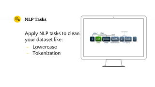 NLP Tasks
Apply NLP tasks to clean
your dataset like:
- Lowercase
- Tokenization
 