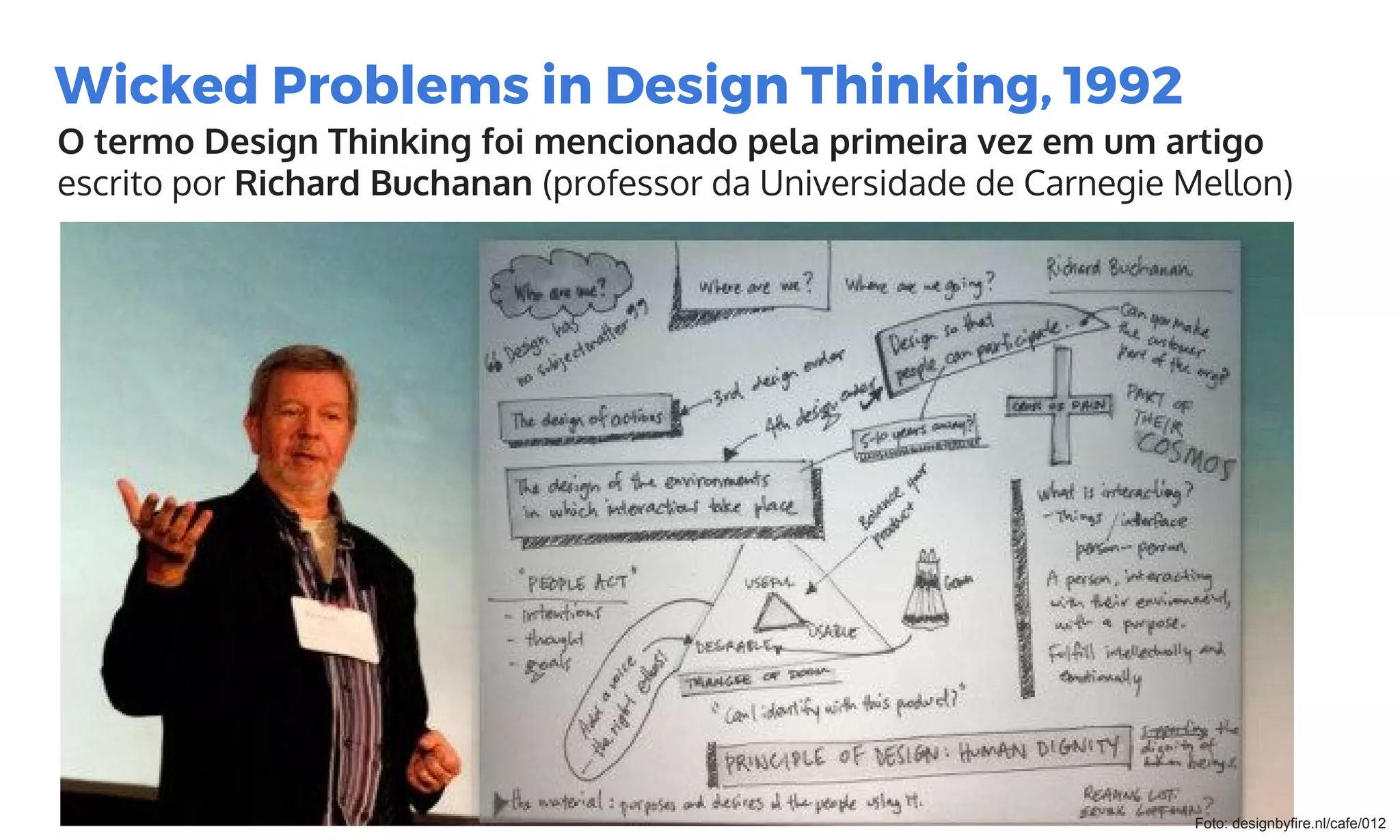 http://www.bain.com/publications/articles/closing-the-delivery-gap-newsletter.aspx
Wicked Problems in Design Thinking, 1992
O termo Design Thinking foi mencionado pela primeira vez em um artigo
escrito por Richard Buchanan (professor da Universidade de Carnegie Mellon)
Foto: designbyfire.nl/cafe/012
 
