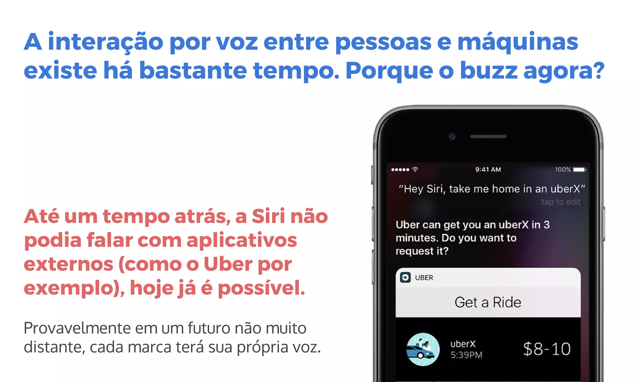 Até um tempo atrás, a Siri não
podia falar com aplicativos
externos (como o Uber por
exemplo), hoje já é possível.
Provavelmente em um futuro não muito
distante, cada marca terá sua própria voz.
A interação por voz entre pessoas e máquinas
existe há bastante tempo. Porque o buzz agora?
 
